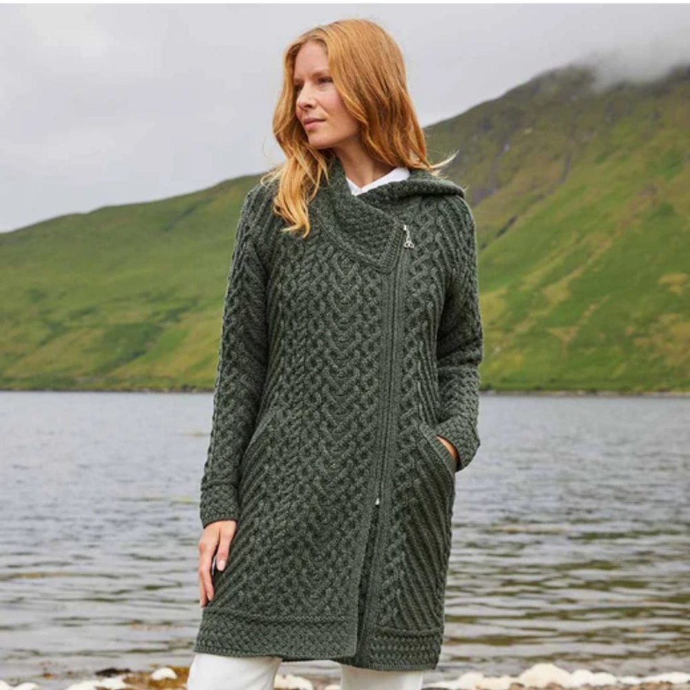 NWT Aran Crafts Merino Wool Cable Knit Side Zip Coat Coatigan in Army Green
